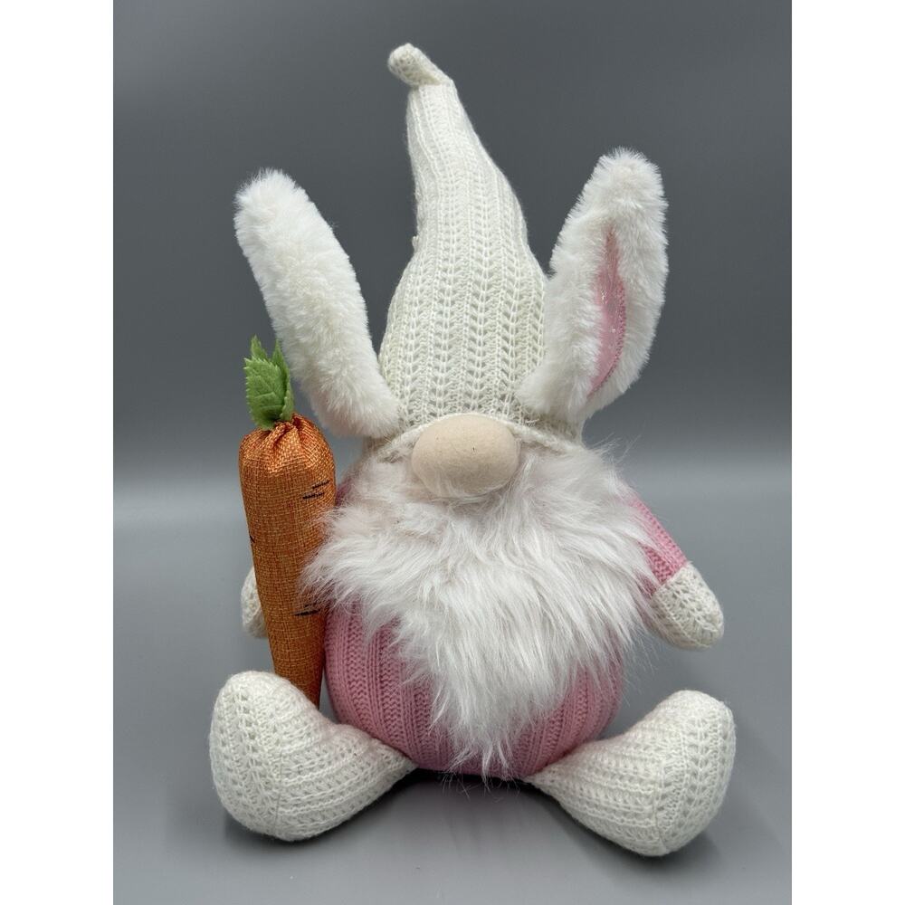 Spring Gnome with Carrot Pink White Beard Knit W/ Plush Bunny Ears 13” Sitting